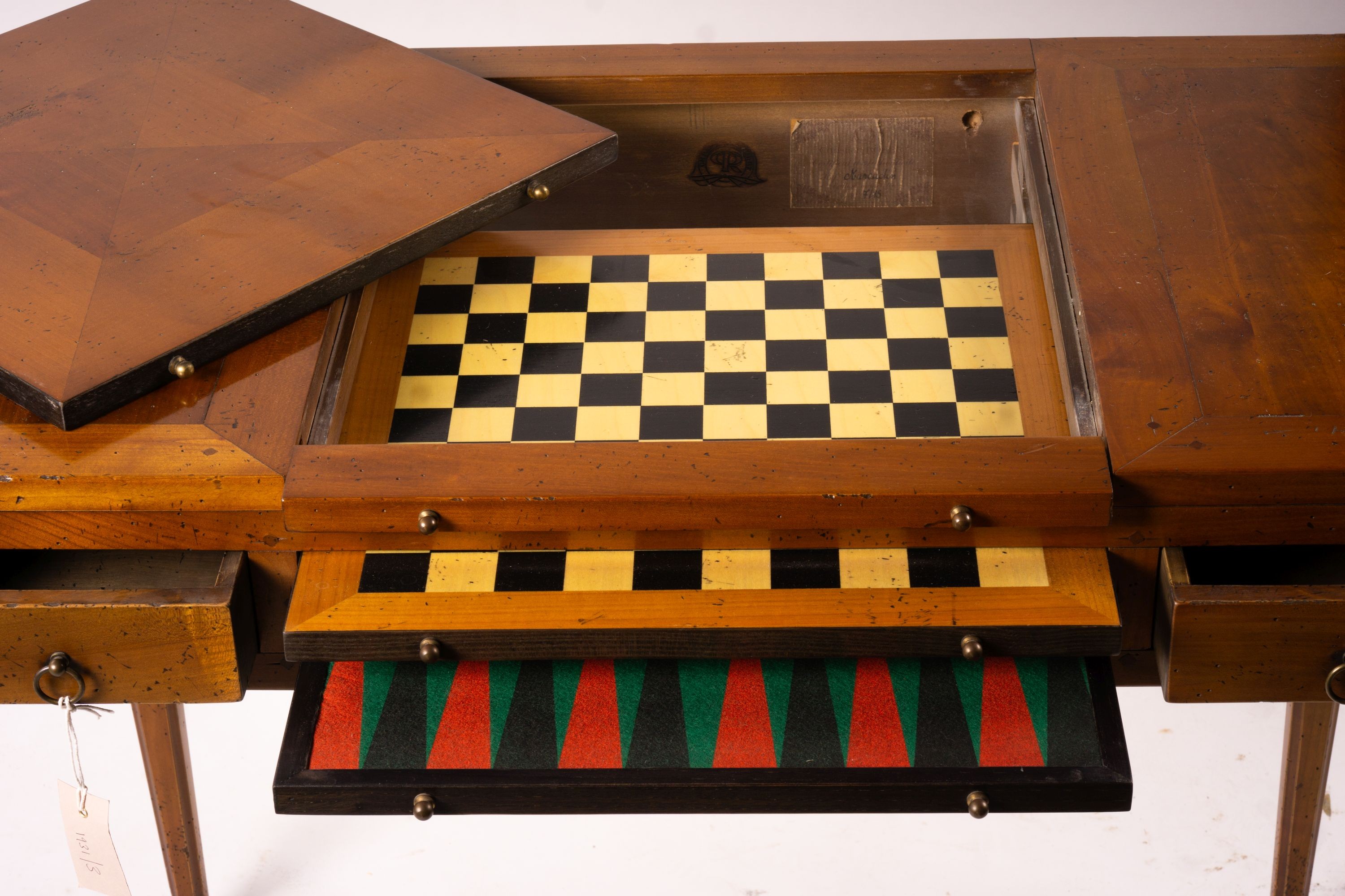 A George III style cherry wood games table with backgammon and chess interior, width 90cm, depth 50cm, height 75cm